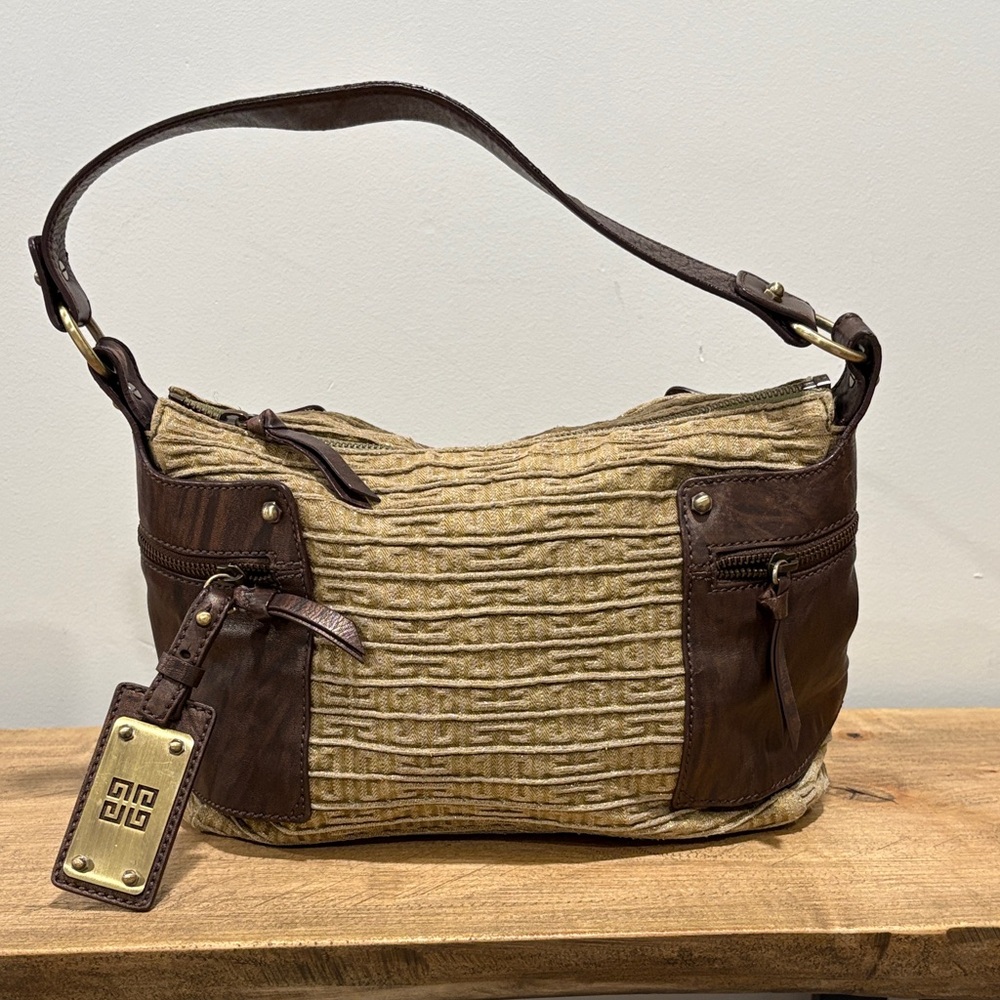 Givenchy Beige Textured Shoulder Bag with Brown Leather Trim
